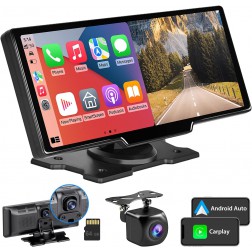  Autoradio Portatile con Wireless Apple Carplay e Android Auto, Bluetooth, 2.5K Dash Cam e Telecamera di Backup, Trasmissione FM/Bluetooth/Aux, 10 Pollici Touchscreen Monitor 7V-32V Carplay Display 